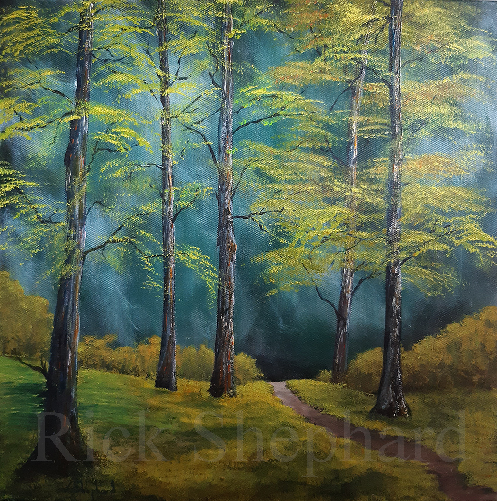 painting of trees with storm clouds behind