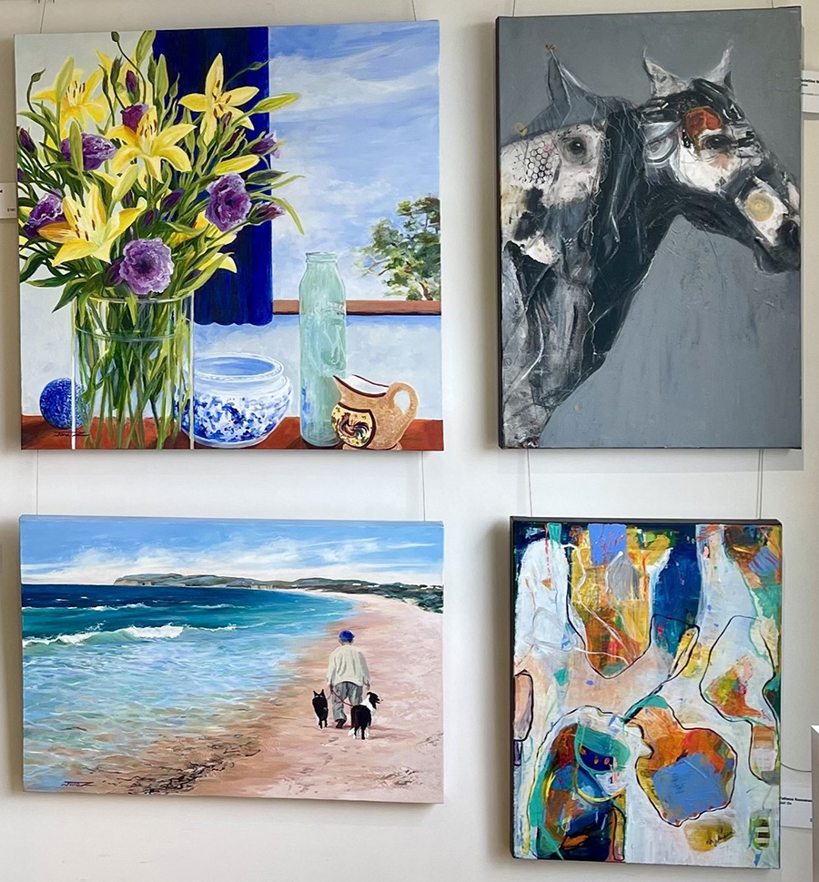 colourful artworks of horse, still life, seascape and abstract