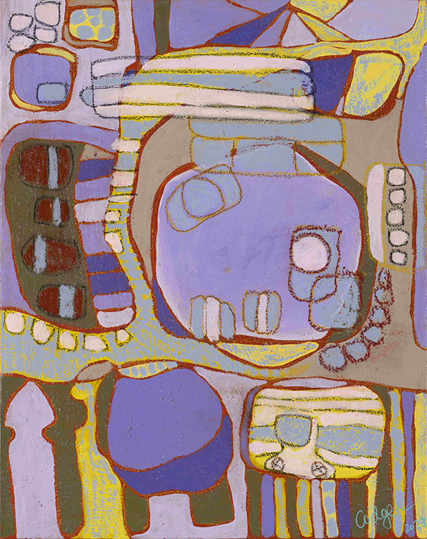 Abstract artwork with purple and yellow shapes
